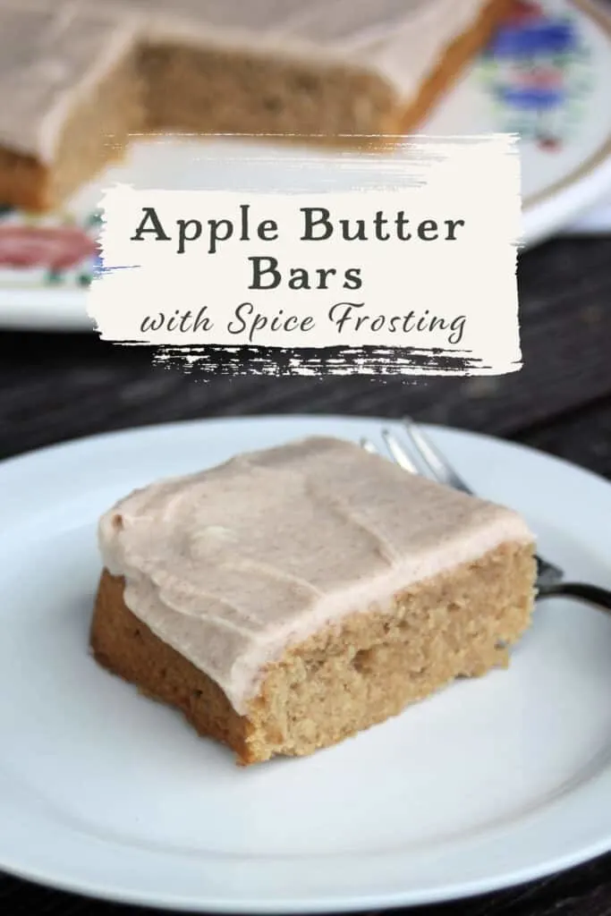 A frosted apple butter bar on a white plate with a fork and text overlay.