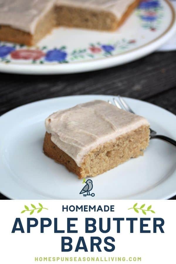 A frosted apple butter bar on a white plate with a fork and text overlay.