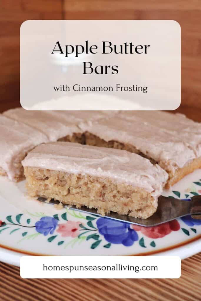 Dessert bars in slices sit on a floral cake plate. Text overlay reads: Apple butter bars with cinnamon frosting. 