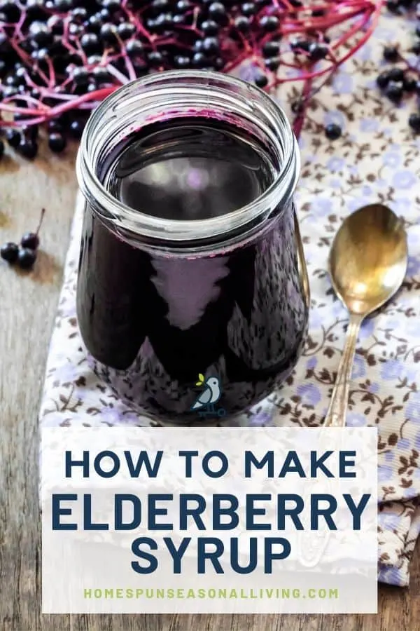 An open jar of syrup sitting on a floral placement next to a spoon and surrounded by fresh elderberries with text overlay stating: how to make elderberry syrup.