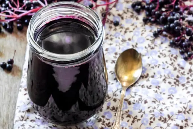 An open jar of elderberry syrup sitting on a floral napkin next to a spoon surrounded by fresh elderberries
