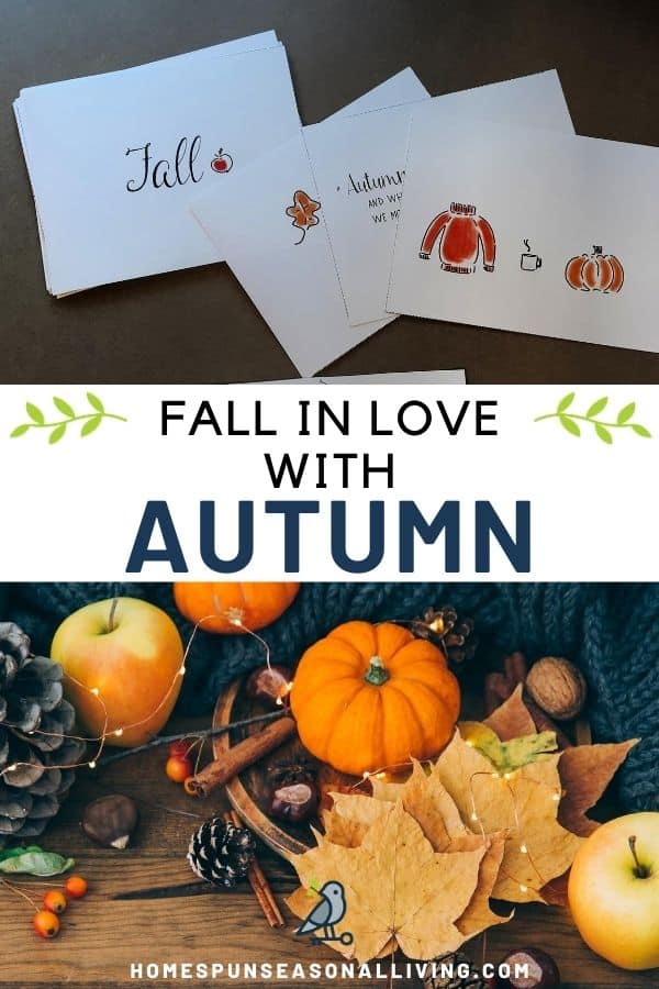 A photo of fall themed postcards, stacked on top of text overlay stating fall in love with autumn, stacked on top of bottom photo of pumpkins, fall leaves, and apples.