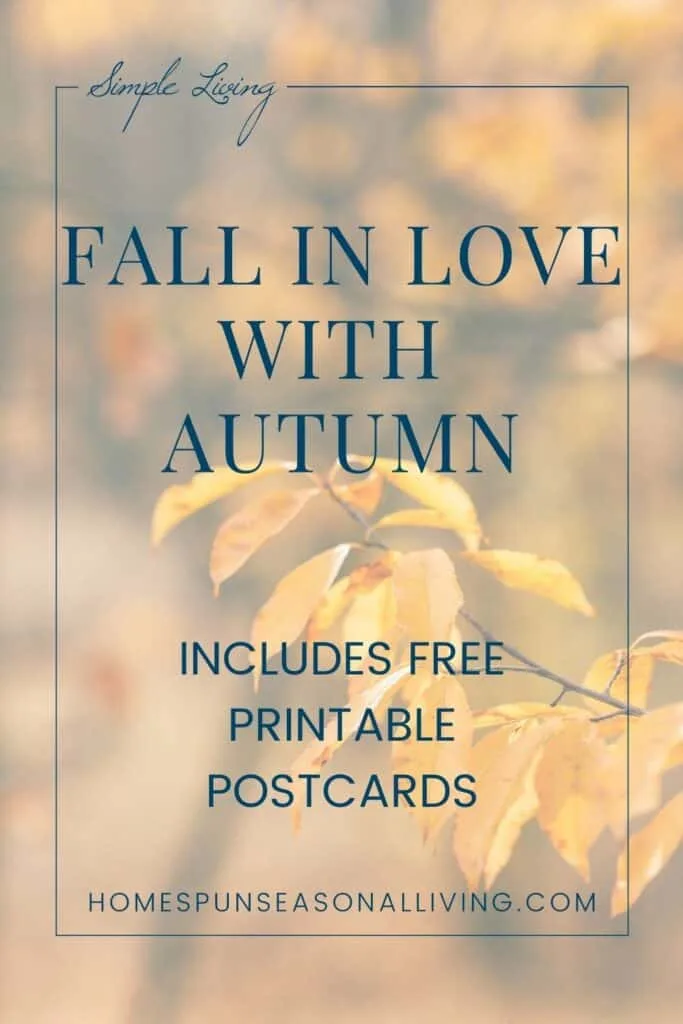 A faded photo of yellow leaves on a branch with a text overlay stating: fall in love with autumn.