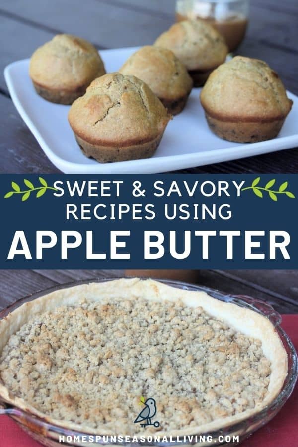 A photo of apple butter muffins on a white plate, stacked above text overlay stating: Sweet & Savory Recipes Using Apple Butter, stacked on top of a photo of an apple butter pie.