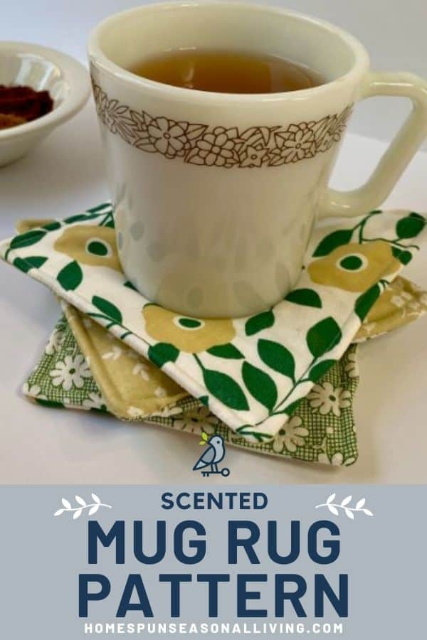 A mug of tea sitting on a stack of homemade mug rugs with text overlay reading: scented mug rug pattern.