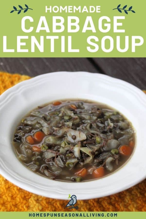 A white bowl full of soup sitting on an orange placemat with text overlay stating: homemade cabbage lentil soup.