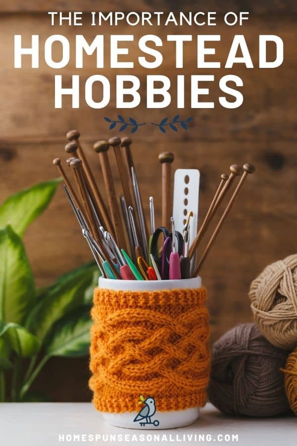 A white cup surrounded by a knitted cup and full of knitting needles, and crochet hooks sitting next to 3 balls of yarn with text overlay reading: the importance of homestead hobbies.