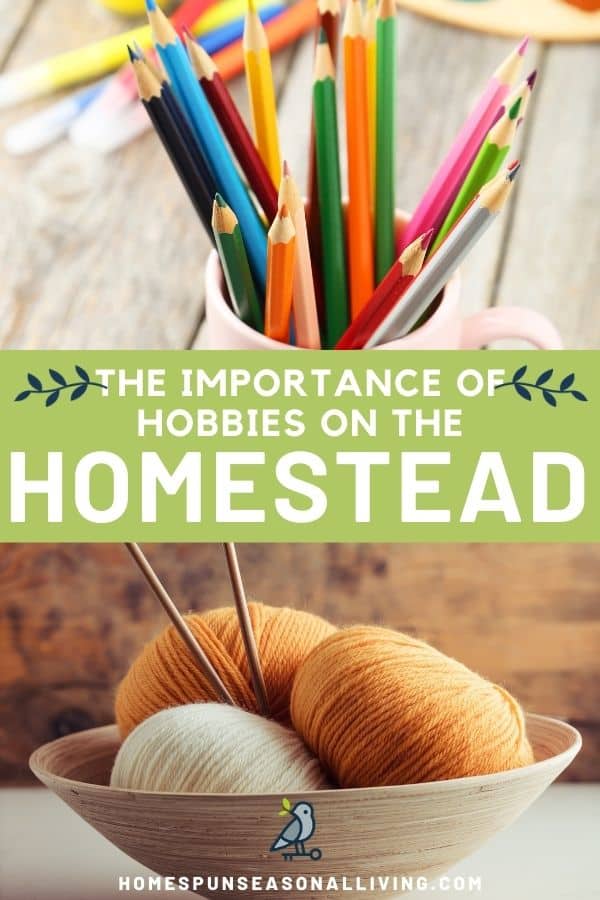 An image of a cup of colored pencils stacked on top of a green box with text overlay reading: the importance of hobbies on the homestead, stacked on top of an image of a bowl of balls of yarn with knitting needles.