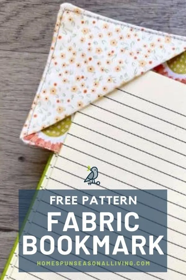 A fabric bookmark on the corner of a journal page with text overlay reading: free pattern fabric bookmark.