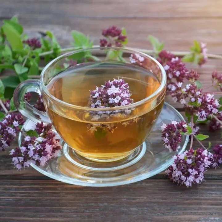 A glass cup full of tea with oregano flowers inside the cup and surrounding the cup.