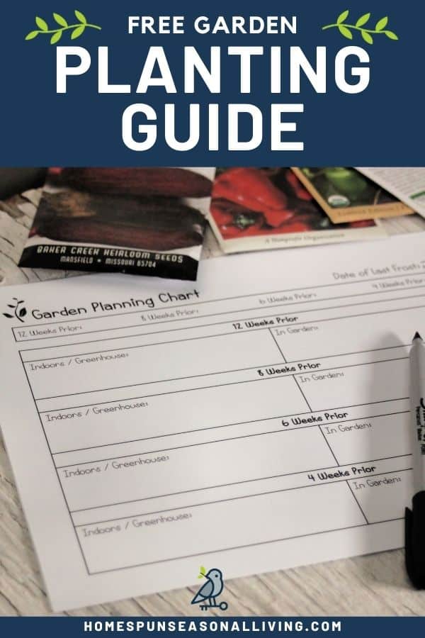 A photo of a garden planting guide surrounded by seed packets with text overlay stating: free garden planting guide.