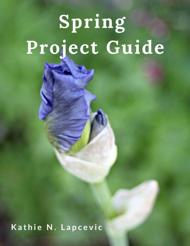 A purple iris bud in front of green garden background with words Spring Project Guide in white above the bud.