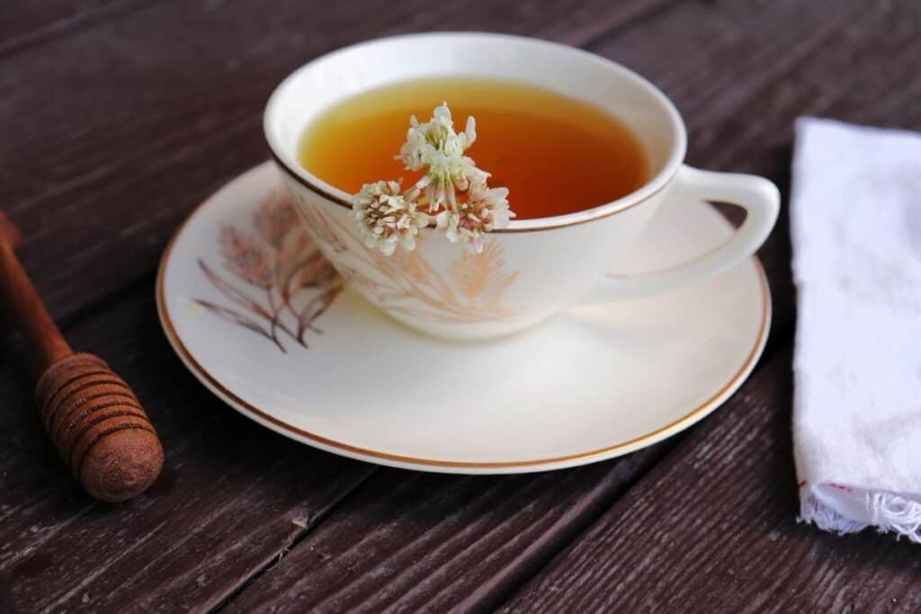 A teacup filled with tea sitting on a saucer, white clover flowers floating in the tea.