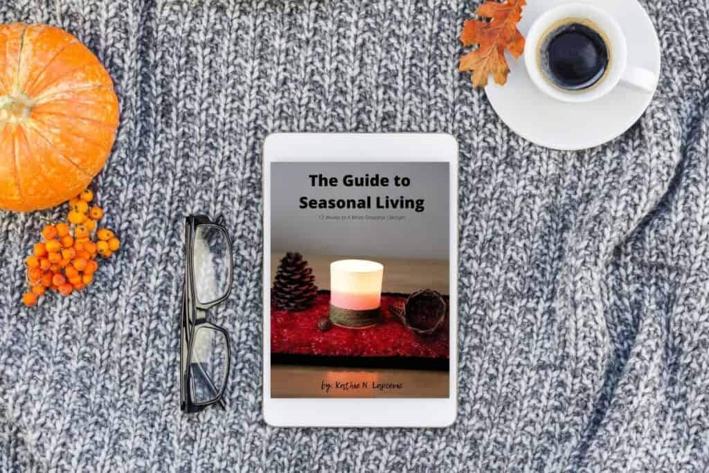 A e-reader showing the cover of The Guide to Seasonal Living sitting on a grey blanket surrounded by reading glasses, a cup of coffee, and orange leaves.