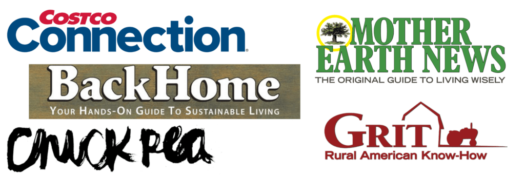 A collection of magazine logos for: Costco Connection, BackHome, Chickpea, Mother Earth News, Grit.