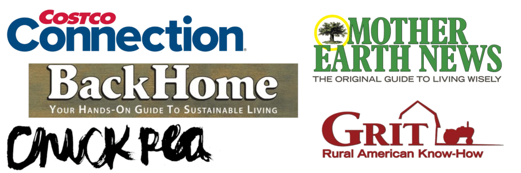 A collection of magazine logos for: Costco Connection, BackHome, Chickpea, Mother Earth News, Grit.