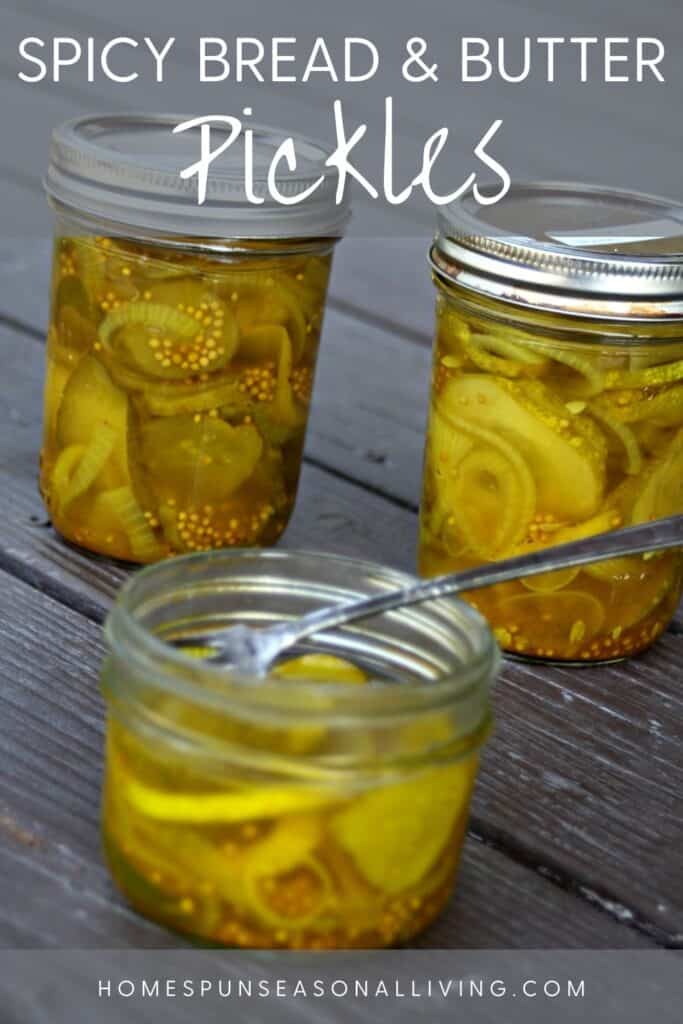 Jars of pickles on a table with text overlay reading Spicy Bread & Butter Pickles.