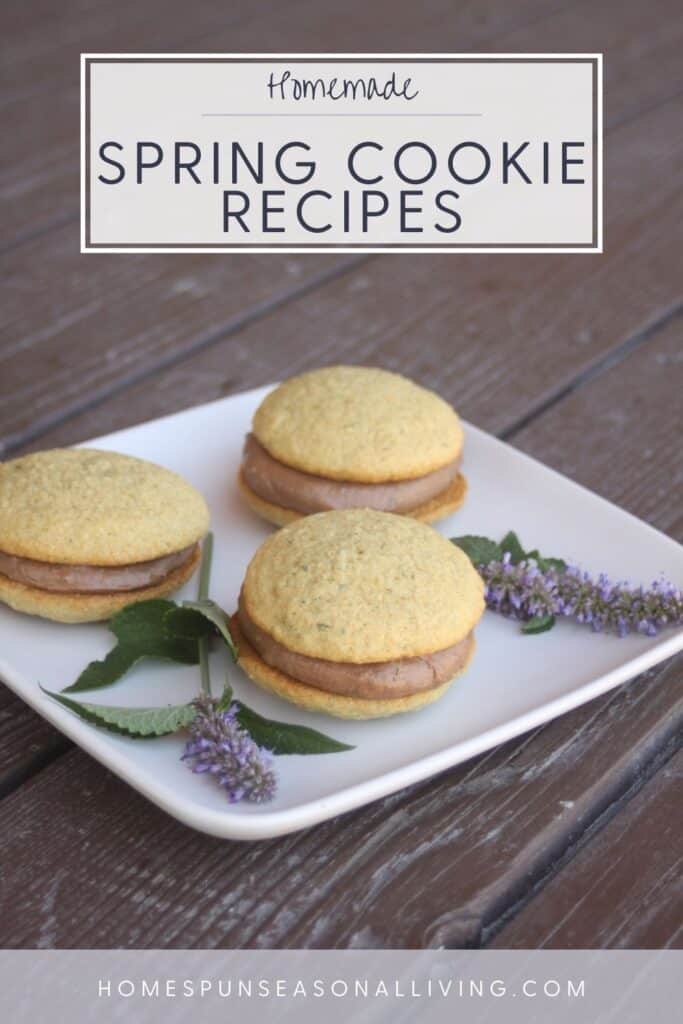 Anise hyssop whoopie pies on a square white plate surrounded by hyssop flowers with text overlay reading: homemade spring cookie recipes.