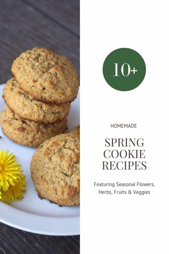 Cookies stacked on a plate with text overlay stating: 10+ homemade spring cookie recipes.