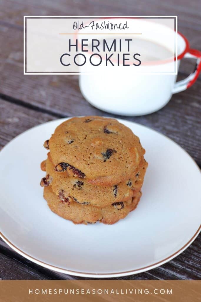 A stack of 3 cookies on a plate with a cup of coffee in the background. Text overlay reads: Old-Fashioned Hermit Cookies