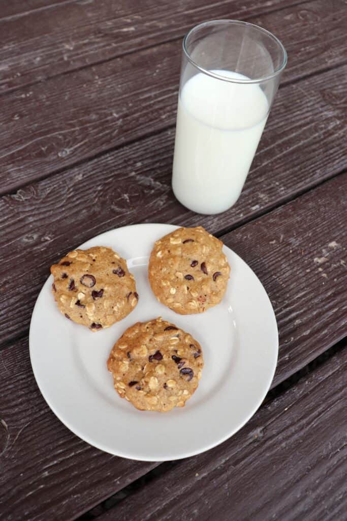 3 applesauce chocolate chip cookies on a plate with a glass of milk as seen from above?