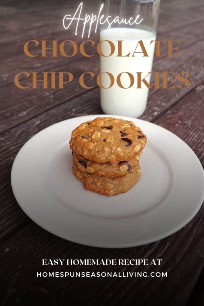 A stack of cookies on a plate with a glass of milk in the background. Text overlay reads: Applesauce Chocolate Chip Cookies.