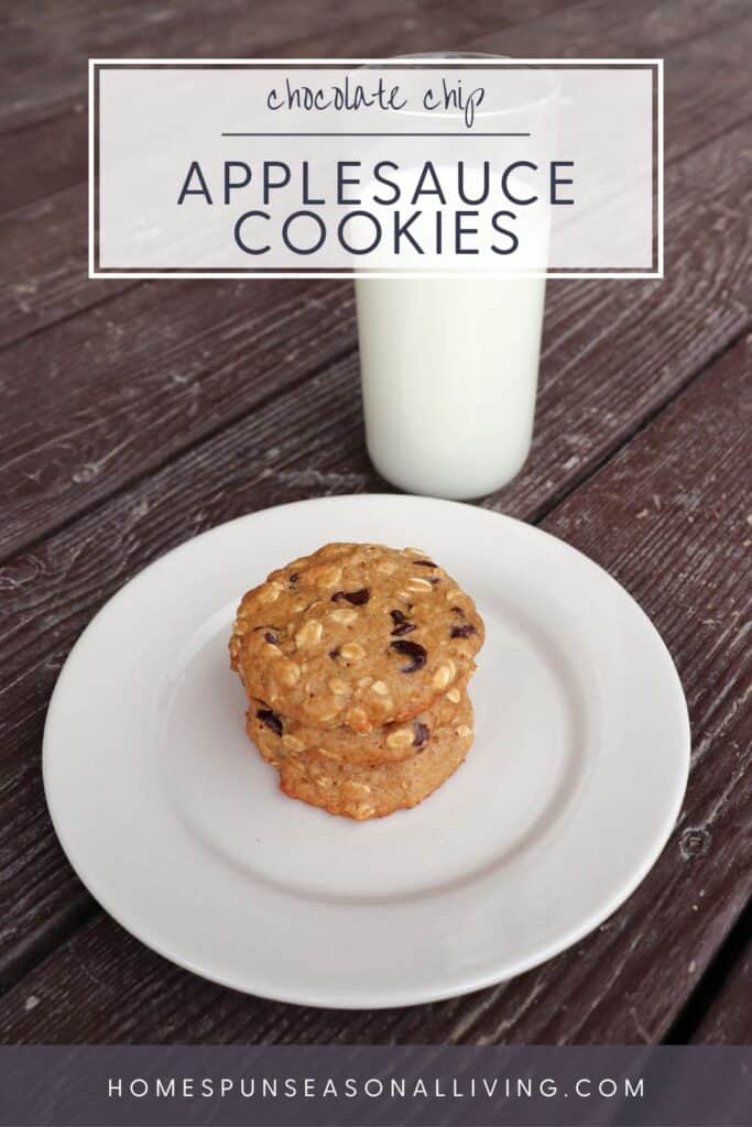 3 cookies stacked on a white plate with a glass of milk. Text overlay reads: chocolate chip applesauce cookies.