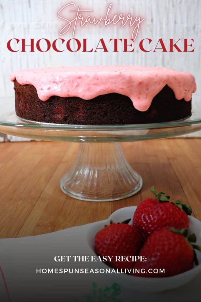 A chocolate cake with pink frosting dripping down the sides sits on a glass cake plate. A bowl of strawberries sits underneath. Text overlay reads: Strawberry Chocolate Cake.