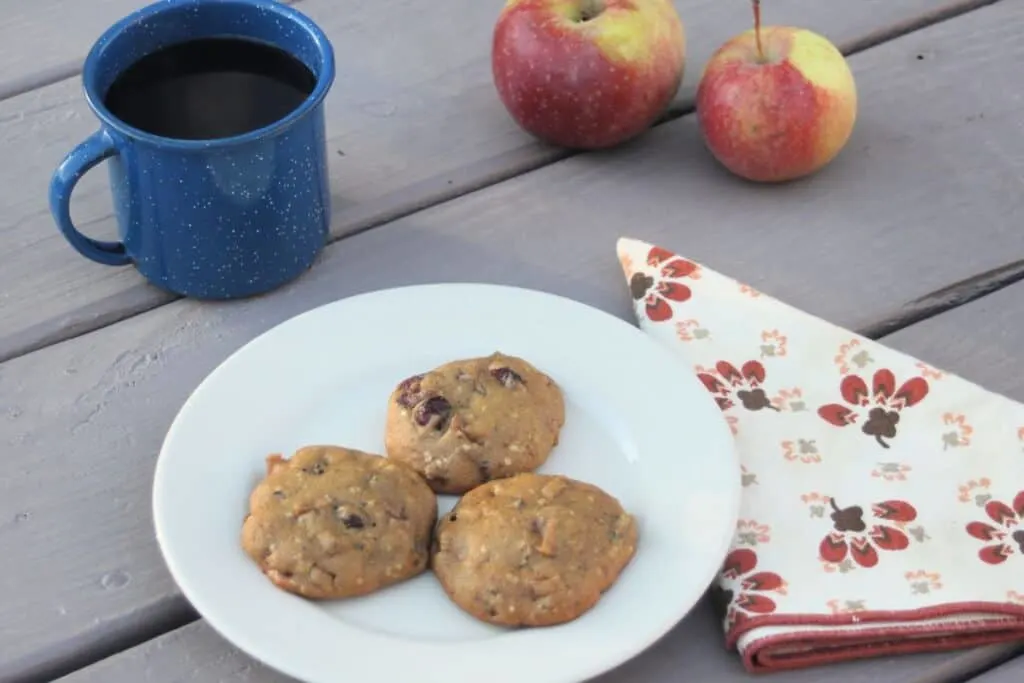 3 cookies on a plate with a napkin sitting next to it. A blue tin cup full of coffee and fresh apples in the background.