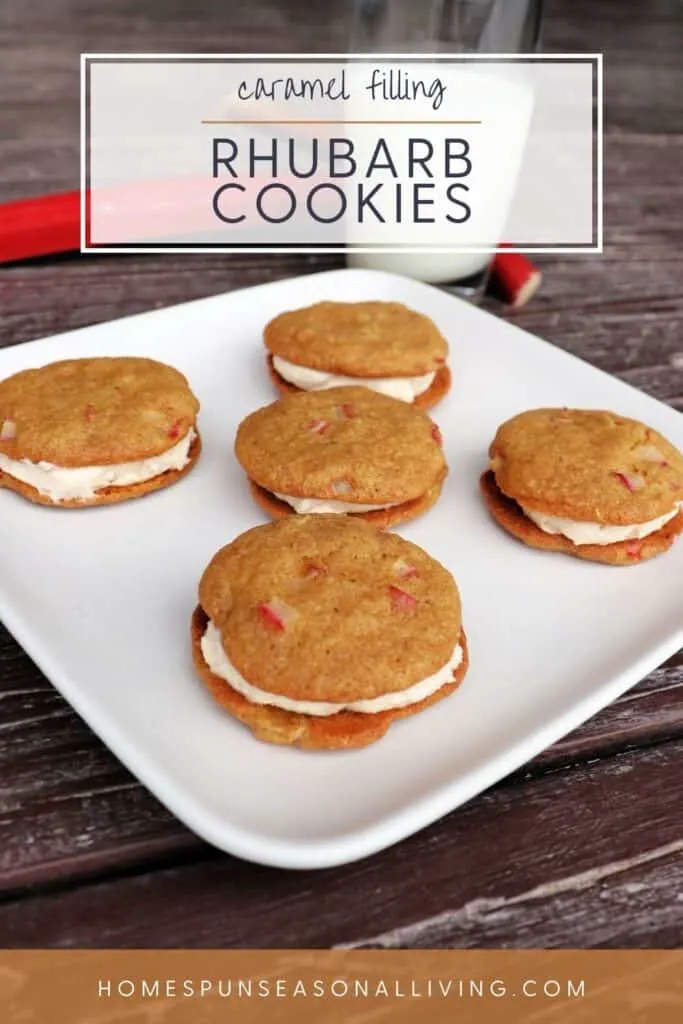 5 cookie sandwiches on a plate with text overlay reading: caramel filling - rhubarb cookies.