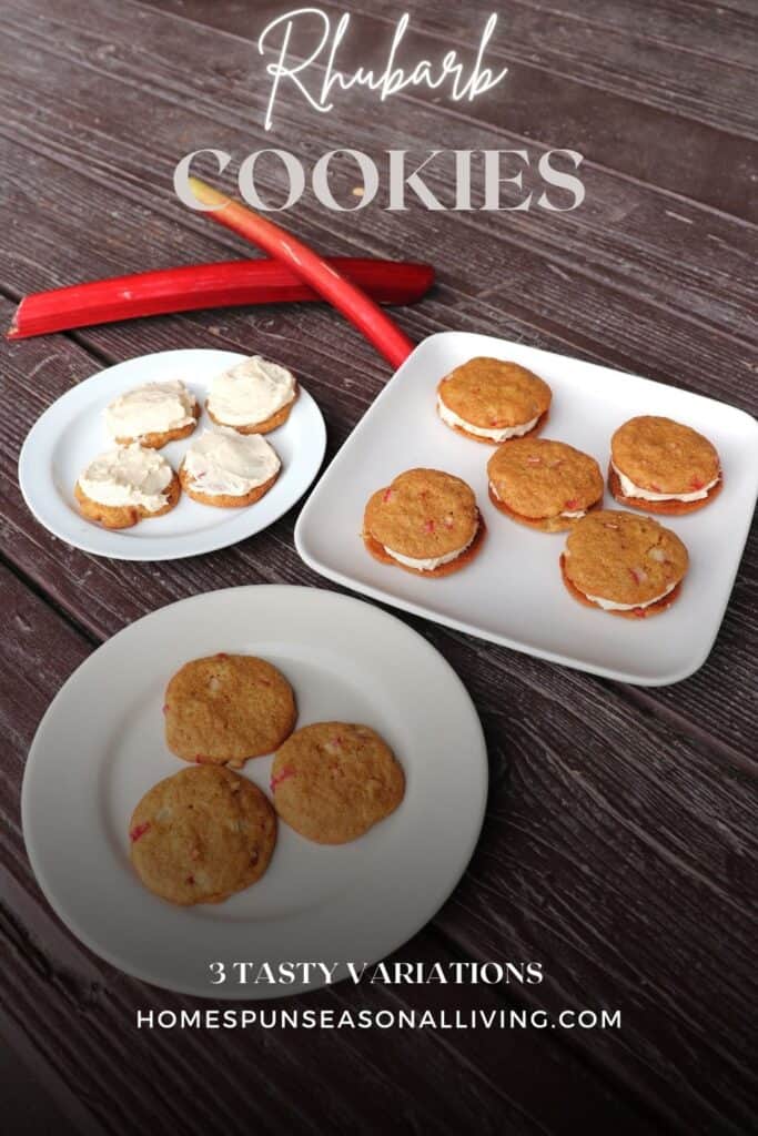 3 plates of cookies. One plate is plain. One plate has frosted cookies, the third plate has sandwich cookies. Text overlay reads: Rhubarb Cookies - 3 Tasty Variations. 