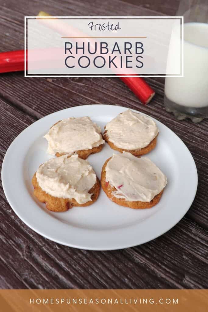 4 Frosted cookies on a plate with text overlay reading: frosted rhubarb cookies.