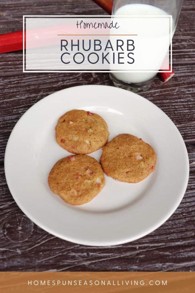 3 cookies on a round white plate with text overlay that reads: homemade rhubarb cookies.