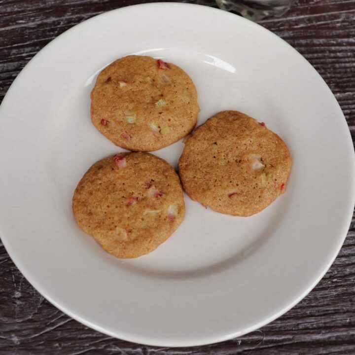3 rhubarb cookies on a plate as seen from above.