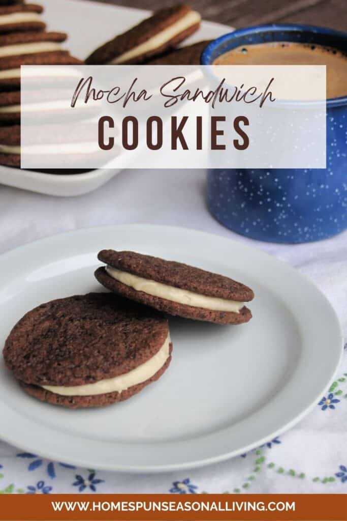 2 chocolate cookie sandwiches sitting on a plate with blue tin coffee cup in the background. Text overlay reads: Mocha Sandwich Cookies.
