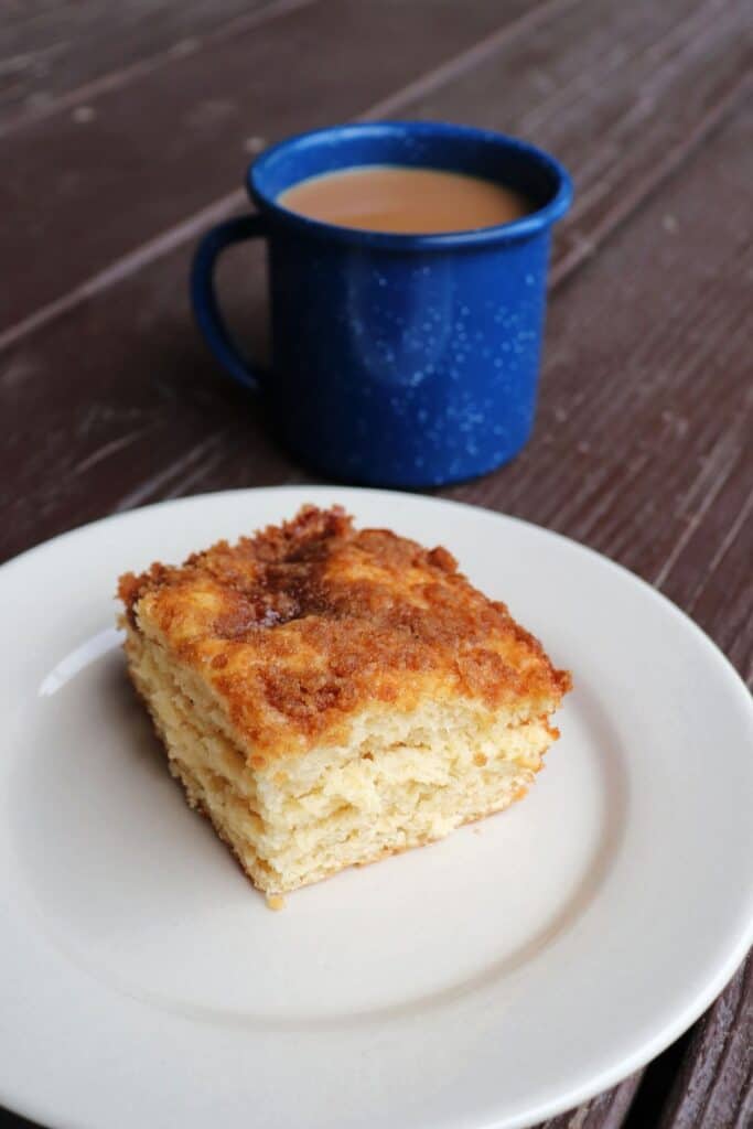 A piece of applesauce coffeecake on a white plate with a blue tin cup full of coffee in the background.