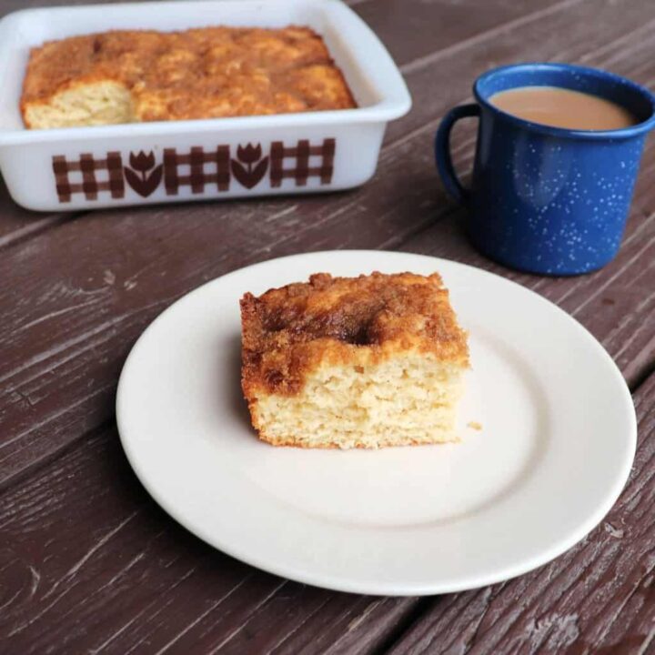 A piece of applesauce coffee cake on a white plate. A blue tin cup of coffee sits behind it, the remaining cake in square pan in the background.