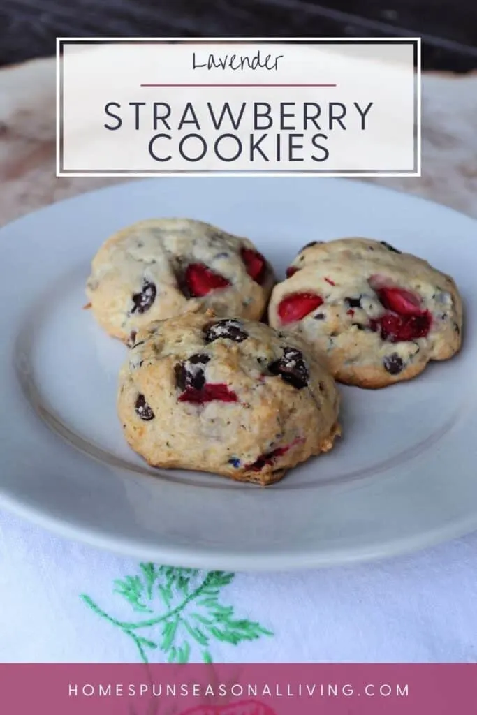 3 Cookies on a plate with text overlay reading: Lavender Strawberry Cookies.
