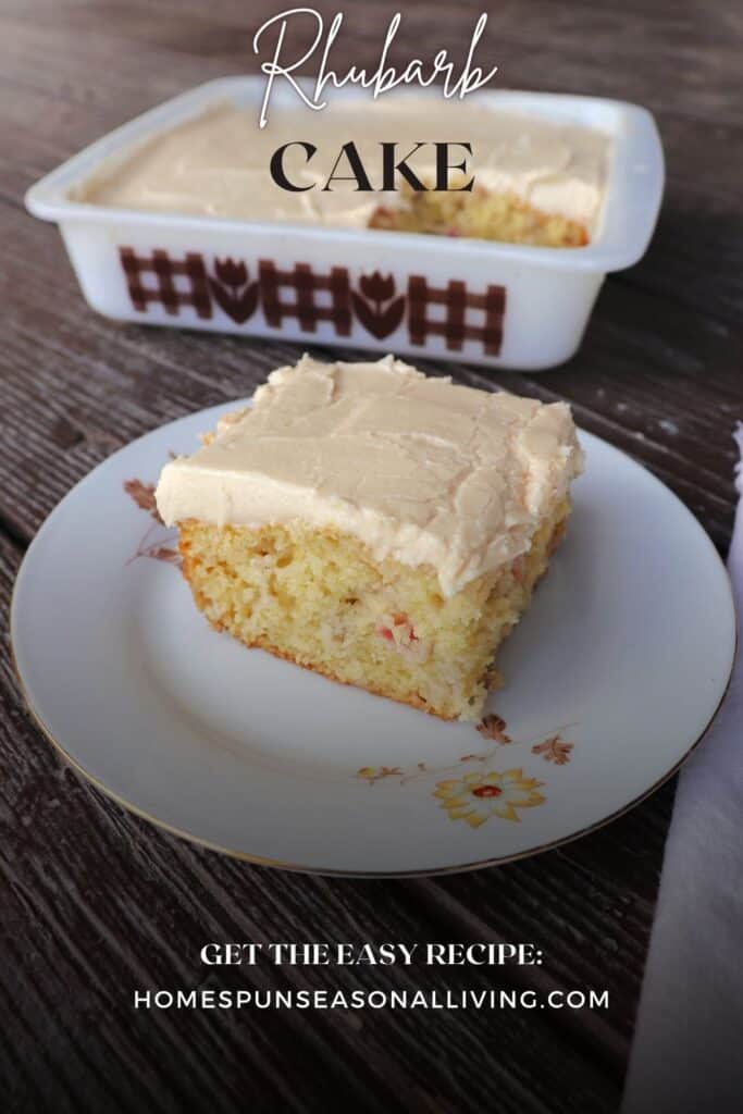 A square piece of cake on a plate with remaining cake in pan in the background. Text overlay reads: Rhubarb Cake.