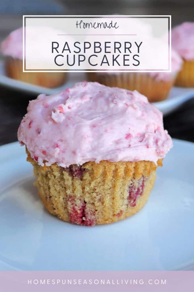 A cupcake with pink frosting sits on a plate. Text overlay reads: Homemade Raspberry Cupcakes.