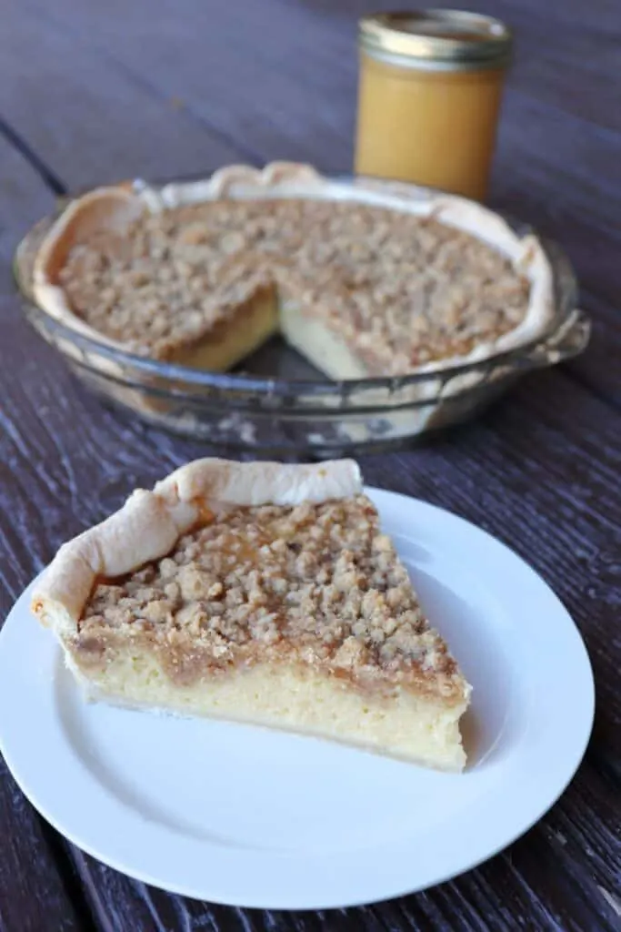 A slice of crumble topped applesauce pie with remaining pie in the background.