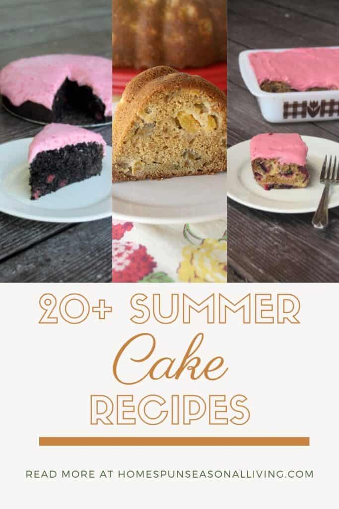 A row of 3 photos sit on top of a text block. First photo a slice of chocolate cake with pink frosting, second photo is a slice of peach bundt cake, third photo is plum cake with pink frosting on a white plate with fork. Text overlay reads: 20+ summer cake recipes.