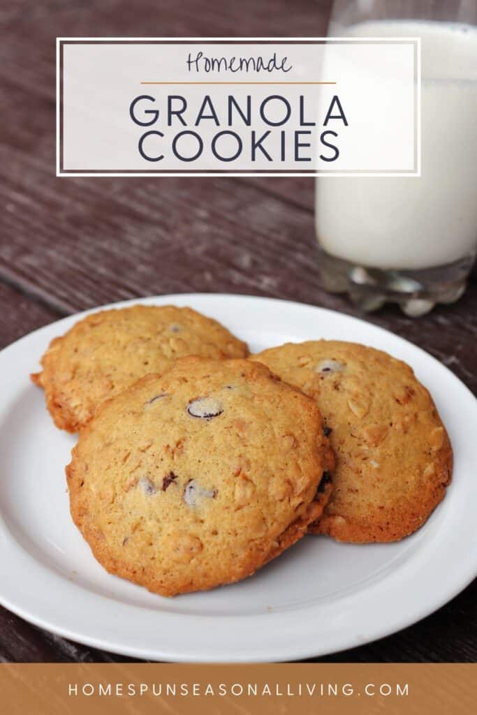 3 cookies on a plate with a glass of milk in the background. Text overlay reads: Homemade Granola Cookies. 