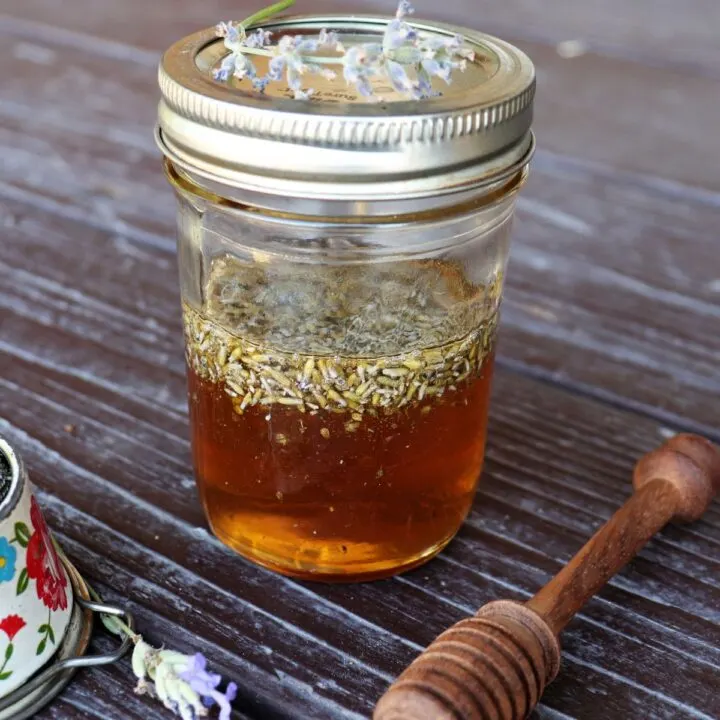 A jar of honey with lavender buds floating in it. A honey dipper and fresh stems of lavender surround the jar.