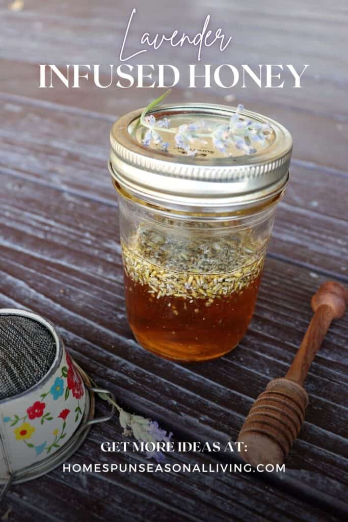 A jar of honey with lavender buds floating in it. A honey dipper and fresh stems of lavender surround the jar. Text overlay: lavender infused honey.