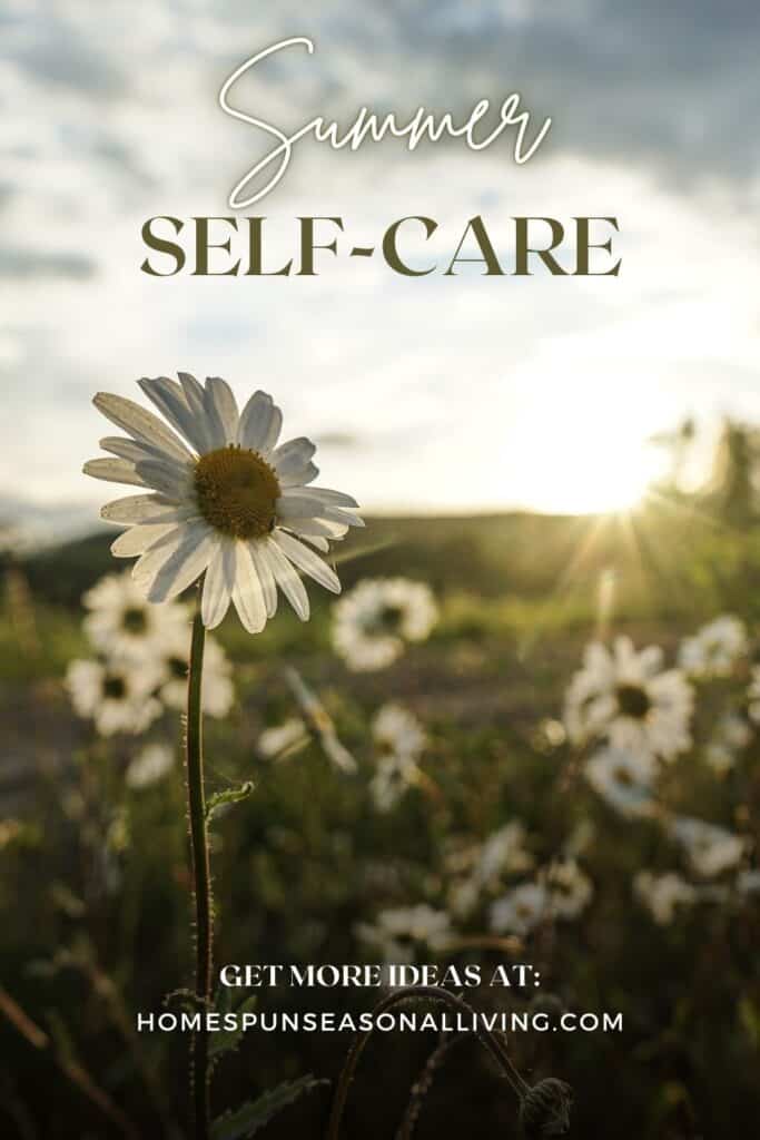 Close-up of a daisy in a filed of daisies. Text overlay reads: summer self-care.