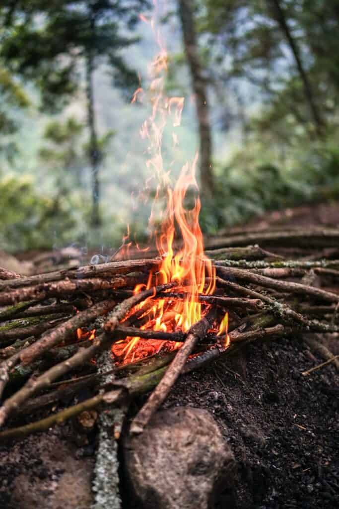 A small campfire burning on twigs on a rock.