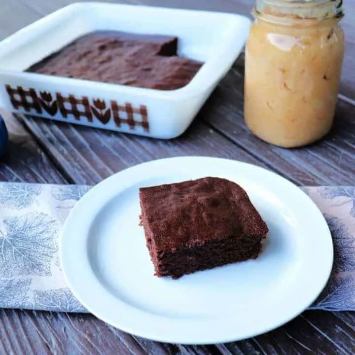 A brownie on a plate with a pan of more brownies and a jar of applesauce sit in the background.