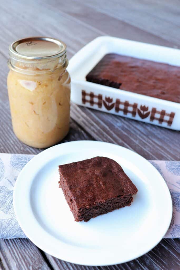A brownie sits on a plate with a pan of more brownies and a jar of applesauce in the background.