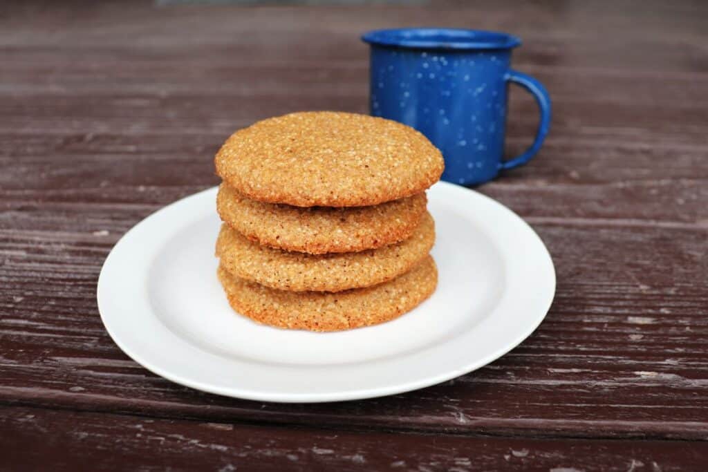 A stack of cookies sit on a white plate on a table with a blue tin cup in the background.
